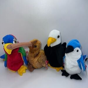 TY Beanie Babies Set Of 4 Birds With Tags: Jabber, Beak, Baldy, Rocket 1996 1998